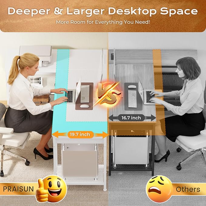 63 Inch L Shaped Office Desk with Power Outlets and Type-C Port, Large Computer Gaming Desk with 3 Fabric Drawers, Mesh Shelves, Corner Study Work Writing Desk, White
