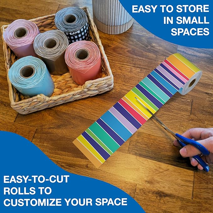 Carson Dellosa 65Ft of Striped Rainbow Bulletin Board Borders, 1 Roll of Colorful Trim for Rolling Whiteboard, Posterboard, Party Decorations, and Classroom Decor