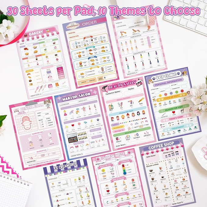 TICIAGA Kids Pretend Play Notepads - 10PCS Pink 4x6 In Playtime Pad Included Bakery Nail Salon Vet Doctor Visit Coffee Notepad 30 Page Pretend Notebook Imaginative Role for Toddler Kid Play Game, Girl