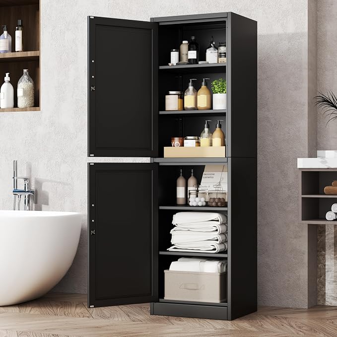 Tall Metal Narrow Bathroom Storage Locker Cabinet 67" H,Black Kitchen Pantry Cabinets with 4 Adjustable Shelves and 2 Lockable Doors,File Cabinet Organizer for Kitchen Home Office Living Dining Room