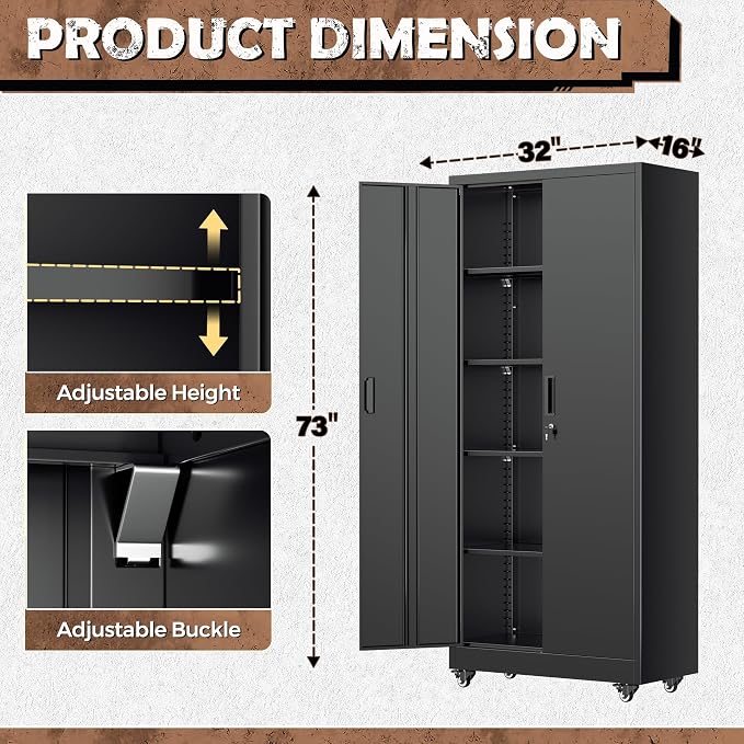 Metal Storage Cabinet with Wheels, 73" Rolling Storage Cabinets with Door and 4 Shelves, Tall Storage Cabinets Locker on Caster for Home, Office, Black