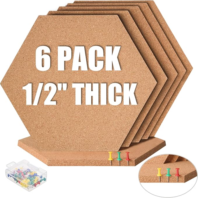 SUNGIFT Hexagon Cork Board Tiles, 6 Pack, 1/2" Thick, 12" x 10.2" | Self-Adhesive Cork Pin Boards with 50 Push Pins for Lightweight Notes, Photos and Dry Indoor Smooth Walls