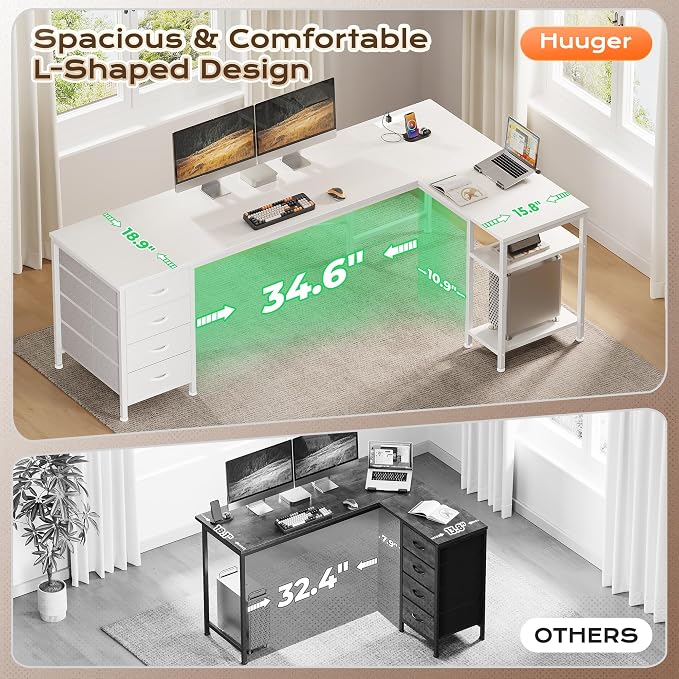 Huuger 63 Inch L Shaped Desk with Fabric Drawers, Reversible Computer Gaming Desk with Power Outlets and USB-C Port, Adjustable Side Storage Shelves, for Work Study Corner Home Office, White