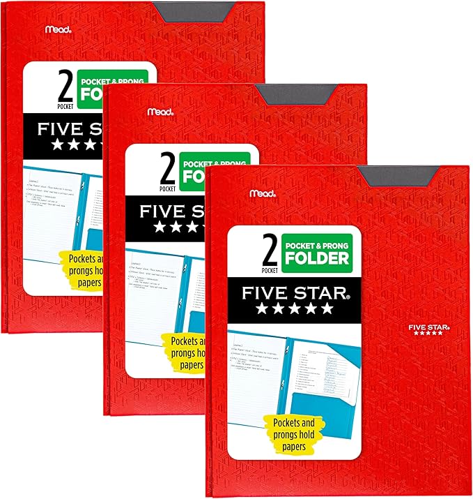 Five Star 2 Pocket Folder, Stay-Put Folder, Plastic Colored Folders with Pockets & Prong Fasteners for 3-Ring Binders, 8-1/2” x 11", Fire Red (72109) (Pack of 3)