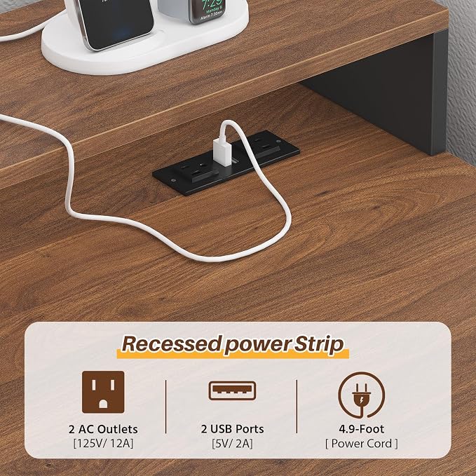 63" Farmhouse L Shaped Desk with Drawers & Shelves for Home Office | Gaming Desk with Power Outlets & LED Lights, Corner Desks with File Drawer, Printer Shelf, Monitor Stand, Brown & Black