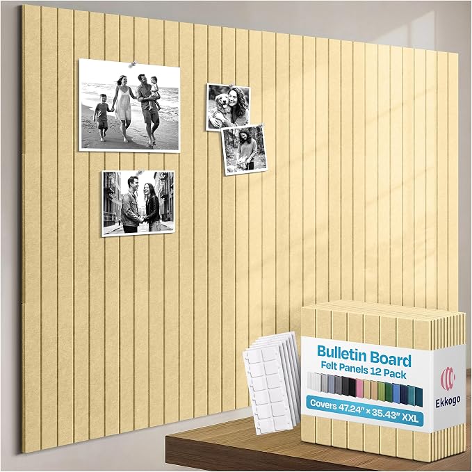 X-Large Cork Board Alternative 12-Pack Felt Bulletin Board Thick and Decorative Pin Board for Home Office Walls 47.24 x 35.43 Inches with 72 Adhesive Tabs - [Cancun Sand]
