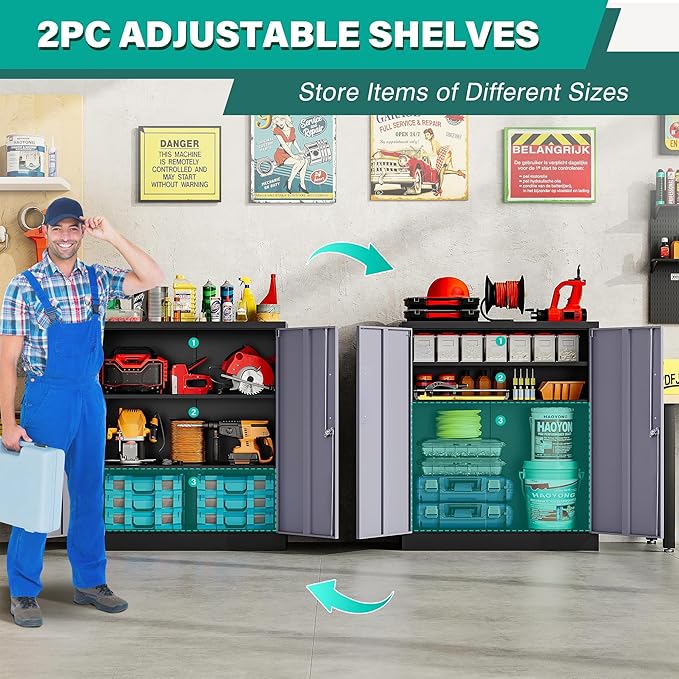 Storage Cabinet with Doors and Shelves,36 inch Metal Storage Cabinet with Locking Doors,Small Metal Cabinets with Lock,Gray Garage Cupboard for Home Office,Garage,Shop