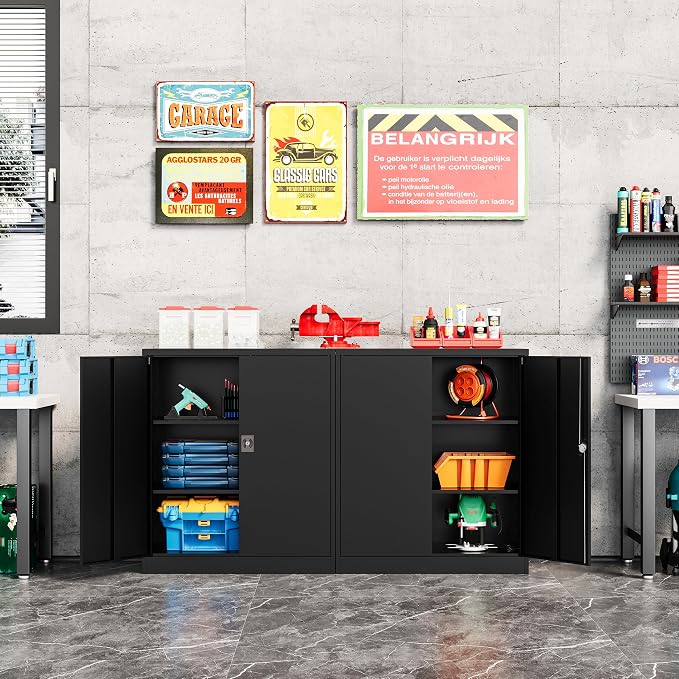 Fesbos Metal Storage Cabinet-36” Tall Steel File Cabinets with Lockable Doors and Adjustable Shelves-Black Steel Storage Cabinet for Home Office, School, Garage