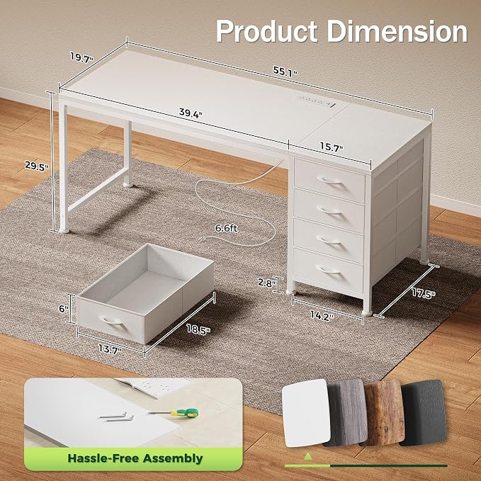 55.1 Inch Computer Office Desk with Power Outelts and USB-C Port, Reversible Gaming Desk with 4 Fabric Drawers, Work Study Desk Work from Home, White