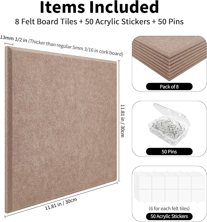 1/2'' Ultra Thick Felt Bulletin Pin Board Corkboard for Office Wall | Half Inch Dense Polyester Felt Board, Frameless, Modular, Zero Crumbling, Removable Adhesive Tabs, 8 Pack 12'' Squares Tiles