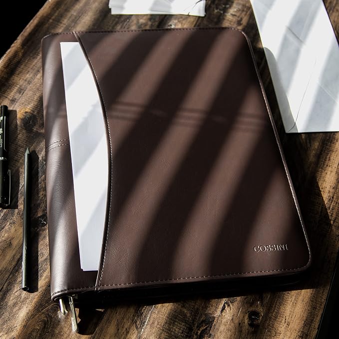 Cossini Premium Business Portfolio with Zipper – Padfolio - Superior Business Impressions Begin with PU Vegan Leather, 10.1 Inch Tablet Sleeve, Smart Storage, Solar Calculator, Writing Pad -Brown