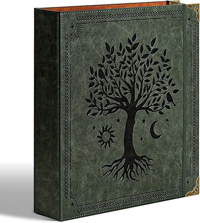 Leather D Ring Binder Fits 8.5"x11" Letter Size Paper, 2 Inch D-Ring Binders Holds 550 Sheets, Notepad Paper Cover Loose Leaf Organizer with Inner Pockets, Green Tree