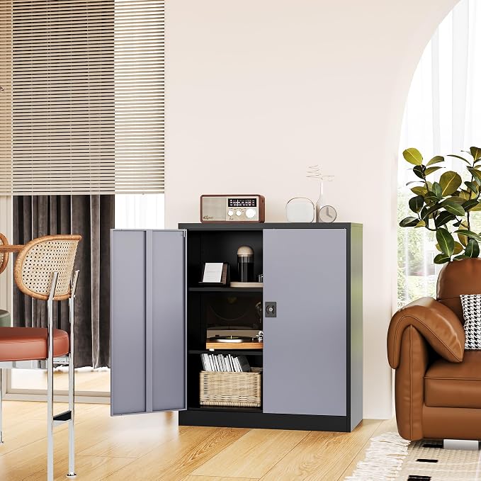 Fesbos Metal Storage Cabinet-36” Tall Steel File Cabinets with Lockable Doors and Adjustable Shelves-Black&Gray Steel Storage Cabinet for Home Office, School, Garage