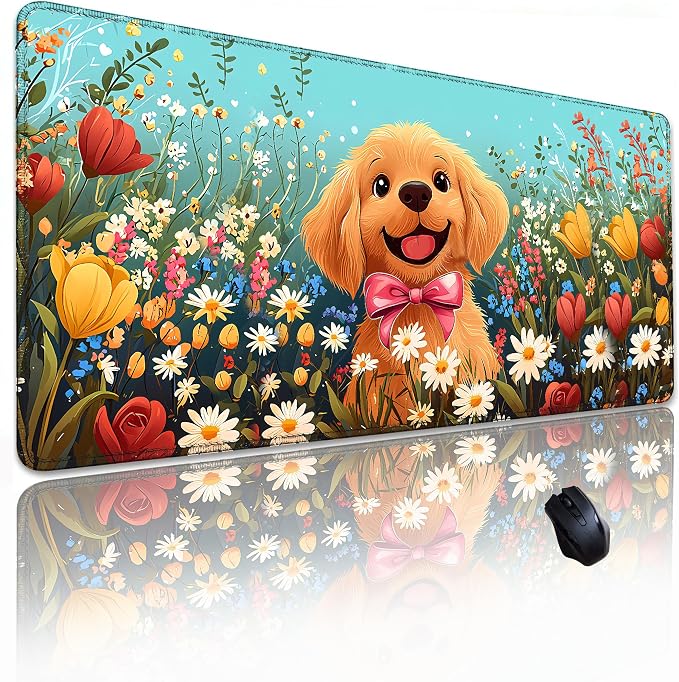 Cute Bow Dog Smiles Floral Mouse Pad, Lager Desk mat 31.5x11.8 Inch | Large Gaming Desk Mat, Flowers with Non-Slip Base, Micro-Woven Fabric, Stitched Edges, For Office Computer
