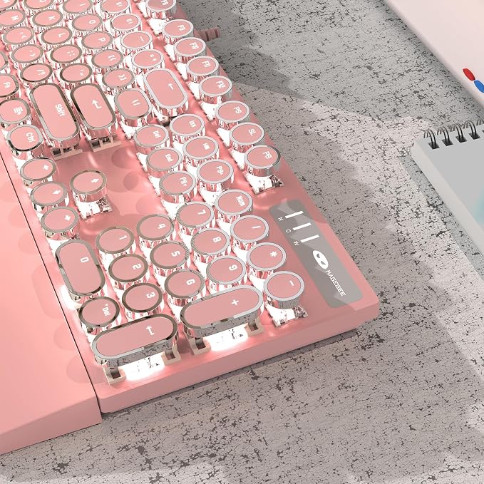MageGee Typewriter Mechanical Gaming Keyboard, Retro Punk Pink Round Keycaps, 104 Keys LED White Backlit Wired Keyboards for Laptop MAC PC Gamer, with Magnetic Wrist Rest, Blue Switch