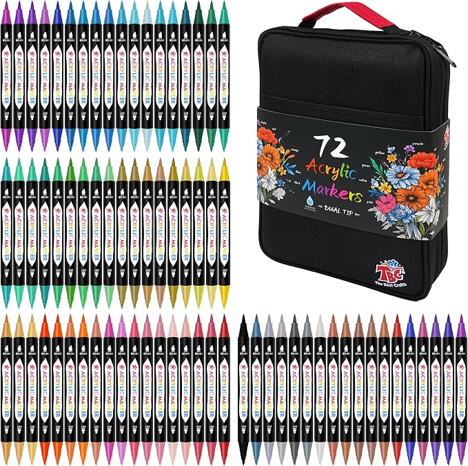 TBC The Best Crafts Acrylic Paint Markers, 72 Colors Dual Tip, Double Zipper Canvas Bag – Waterproof, Non-Toxic, Art Supplies for Canvas, Wood, Glass, Rock, Ceramic – Gift for Artists & Hobbyists