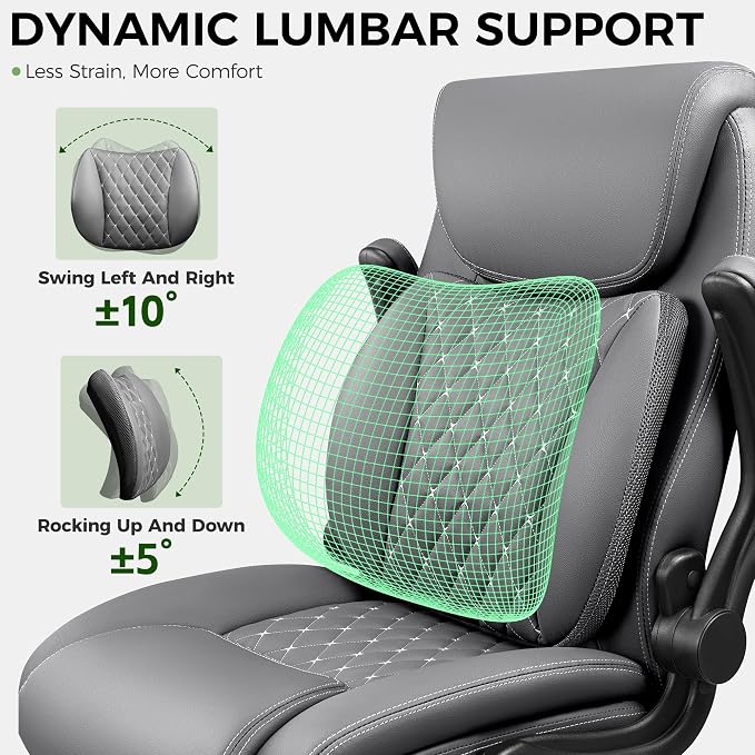 Office Chair, Ergonomic Executive Desk Chair with Lumbar Support for Lower Back Pain Relief, Padded Flip-Up Armrests, Leather Home Office Chair, Gray