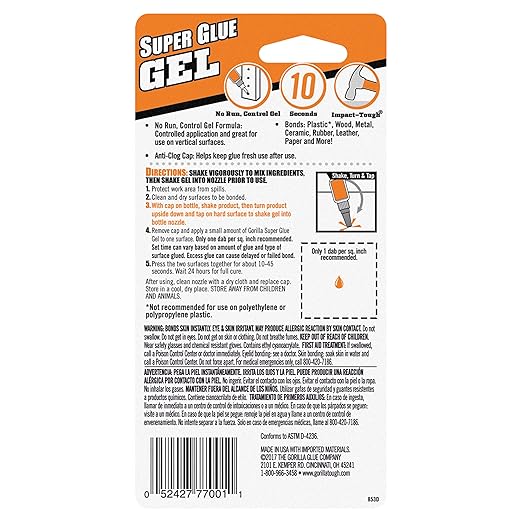Gorilla Super Glue Gel, Clear Glue, 20 Gram (Pack of 1) - All Purpose and Fast Setting for Projects and Repairs