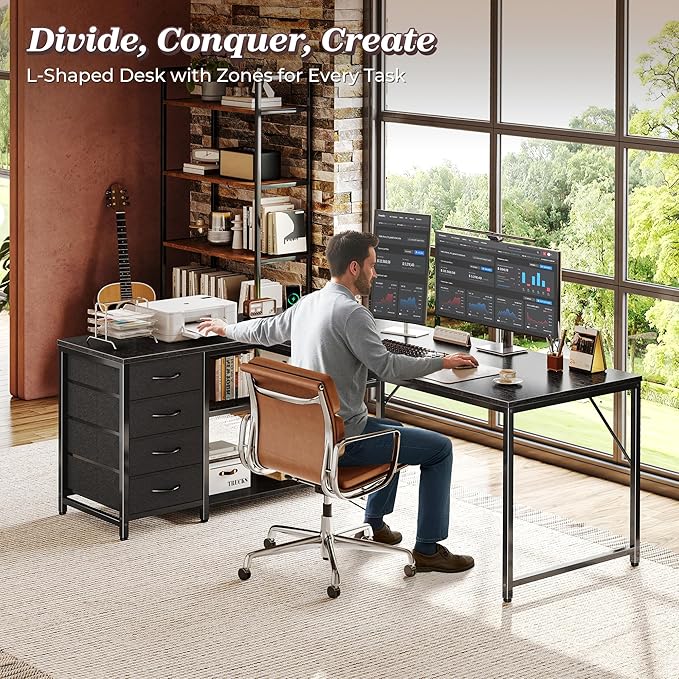 61" L Shaped Desk with Power Outlets & 4 Drawers | Reversible Computer Desk with 2 Storage Shelves, Large Corner Office Desk for Gaming Writing Work Study, Black