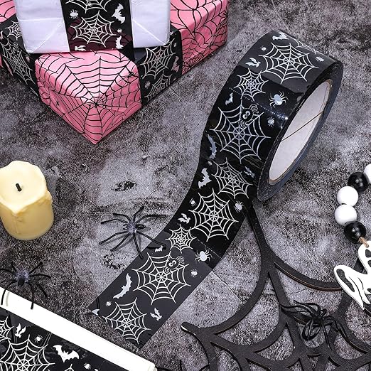 Whaline 109 Yard Halloween Packaging Tape Black Spider Web Bat Spider Pattern Tape Waterproof Shipping Tape for Small Business DIY Crafts Box Carton Decor