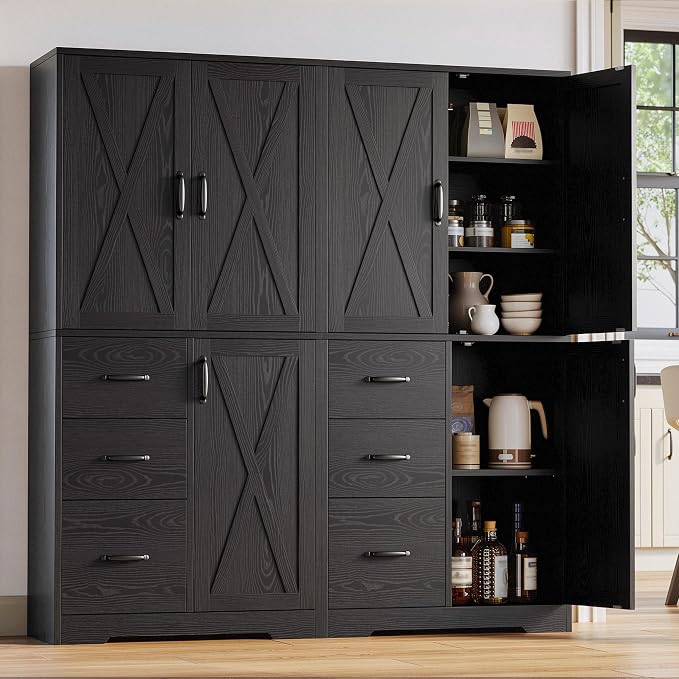 IRONCK Pantry Cabinet, Kitchen Storage Cabinet with 3 Door & Drawer, Black | Adjustable Shelf. 67.5inch Tall. 5 Tier Freestanding. 150 lbs Per Shelf. Modern Style. FSC-certified Wood. Anti-tip.