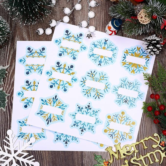 Whaline 90Pcs Christmas Winter Name Tag Stickers Blue Gold Snowflake Shape Nameplates Xmas Self-Adhesive Gift Label Decals for Holiday Present Students Desk Classroom, 9 Designs
