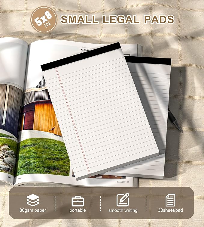 Note Pads 5x8 Small Legal Pads White Notepad, 6 Pack, Narrow Ruled Notepads | Micro Perforated Legal Writing Pads Memo Pad, 30 Sheet/ Note Pad, Notebook Paper Tablet for School, Lined Note Pad 5x8''