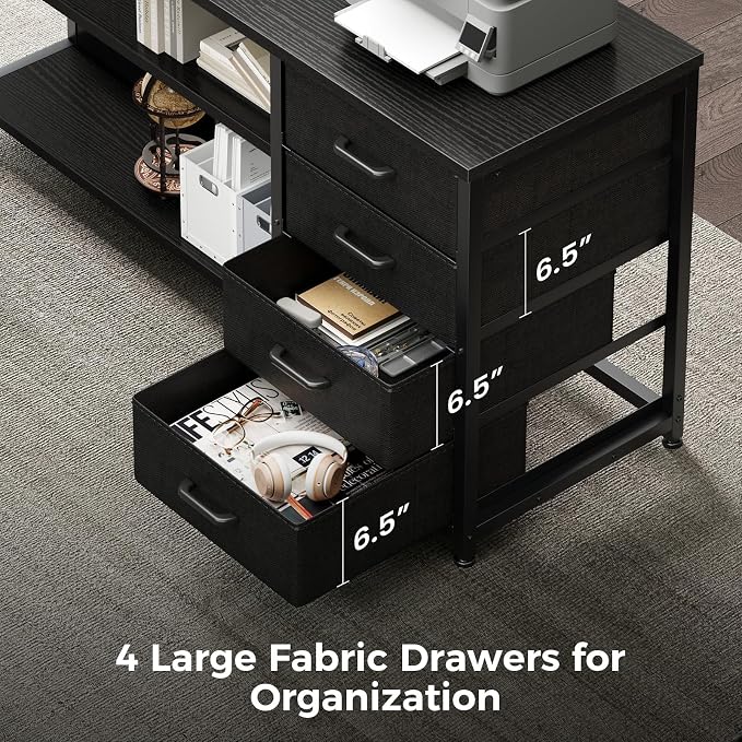 AODK 69" L Shaped Computer Desk with 4 Drawers, LED Lights, Black | Power Outlets, Adjustable Monitor Stand, Open Storage Shelves, Reversible Layout for Gaming and Home Office