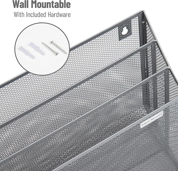 Mind Reader Vertical File Storage, Desktop Organizer, Wall Mount, Office, Metal Mesh, 12.5"L x 3.75"W x 11.5"H, Silver