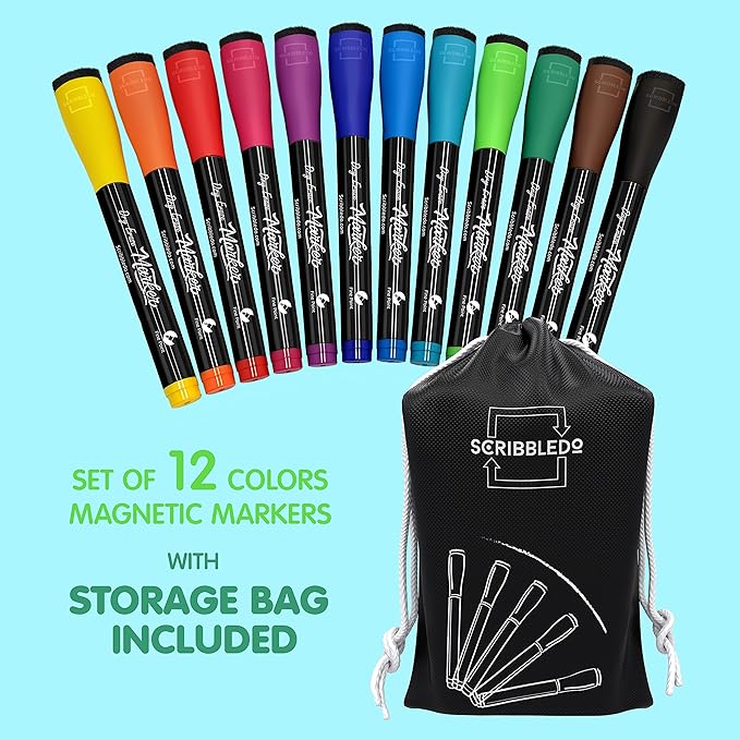 Scribbledo Magnetic Dry Erase Markers Fine Tip, Assorted Colors, Low-Odor Whiteboard Markers with Eraser Cap for Office, Workplace, Medical & Professional Use (12 Pack)