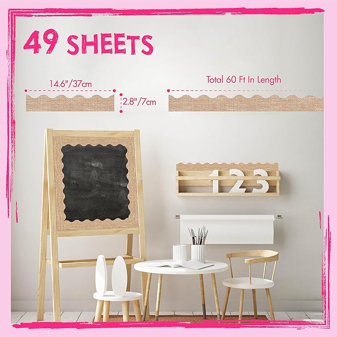 60 Feet Bulletin Board Border, 49 Sheets Burlap Scalloped Border Trim Board Border with Wavy Line Design Decoration for School, Classroom & Offices