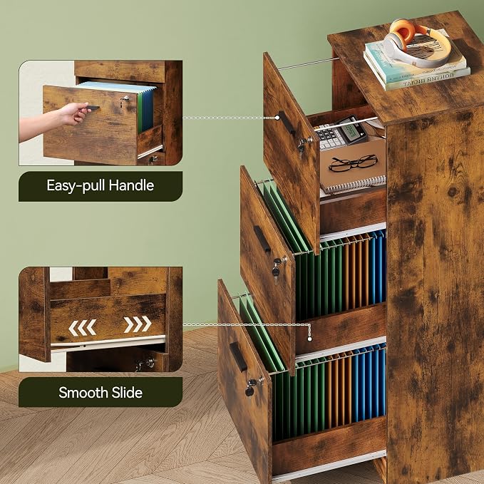 DEVAISE 3 Drawer Wood File Cabinet for Home Office, Fits Letter and A4 Size | Wooden Filing Cabinet with Lock, Vertical File Storage Cabinet, Easy Assembly, Rustic Brown