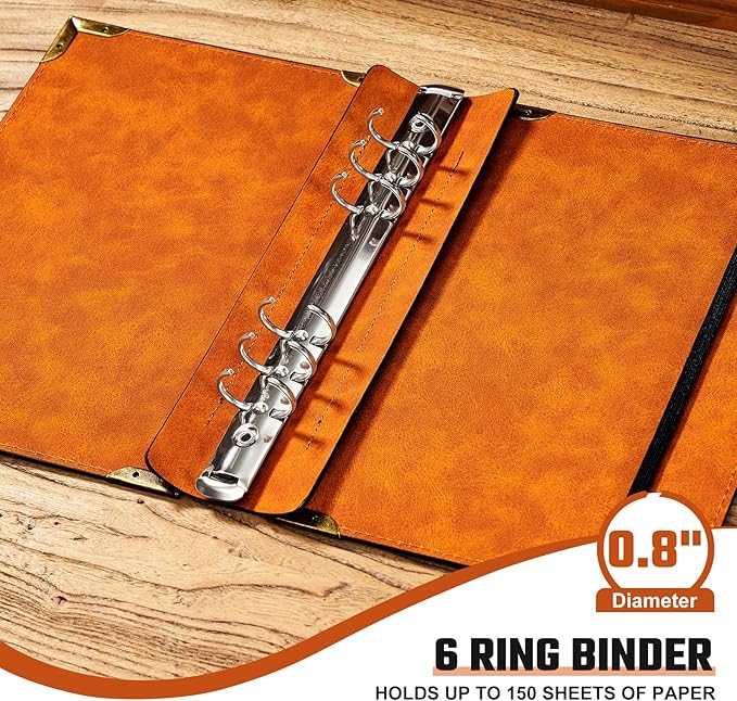 PU Leather A5 Binder 6 Ring Refillable Journal Cover No Refill Paper A5 Planner Binder Loose Leaf Binder for Notebook 5.7”x8.3” with Elastic Closure, Black Tree