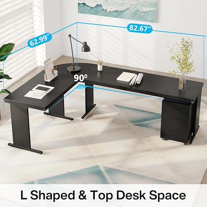 Tribesigns L-Shaped Executive Desk, Large Office Desk with 3-Drawer File Cabinet, Industrial Corner Computer Table with Drawers, Business Workstation for Home Office (Black, 83")