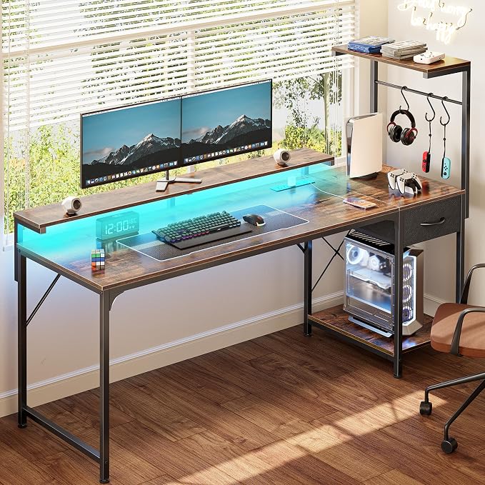 63 Inch Gaming Desk with LED Lights & Power Outlets | Computer Desk with Drawer & Storage Shelves, Office Writing Desk with Monitor Stand for Work from Home, Rustic Brown