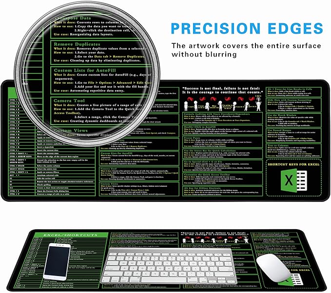 Excel Cheat Sheet Desk Pad, 31.5"x11.8", Waterproof Extra Large Excel Shortcut Mat with Stitched Edges, Anti-Slip Excel Mouse Pad for Office Desk, MS Excel/Word Shortcuts (Green Shortcut A)