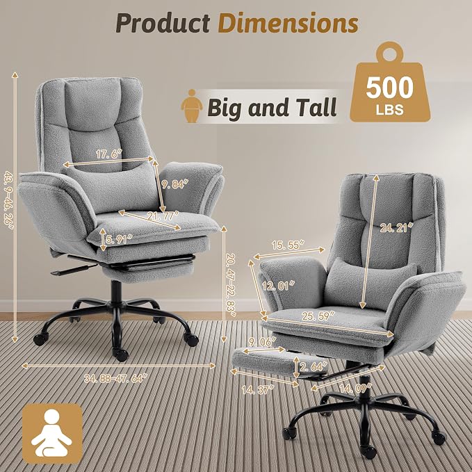 Wider Seat Office Chair with Flip Armrests for Criss Cross Legged&Cats, Big and Tall Executive Ergonomic Reclining Chair with Footrest&Lumbar Pillow, Teddy Fleece Desk Chair,Grey Vanity Chair
