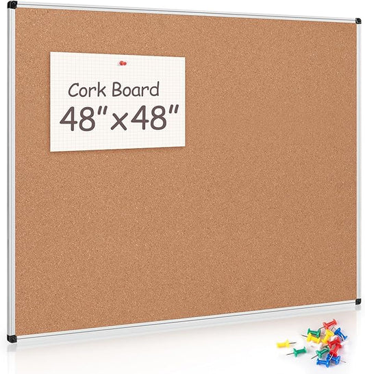 Board2by Large Cork Bulletin Board 48" X 48", Silver Aluminum Framed Corkboard for Wall, Wall Mounted Notice Pin Board with Push Pins for School, Home & Office - 4' x 4' Corkboard