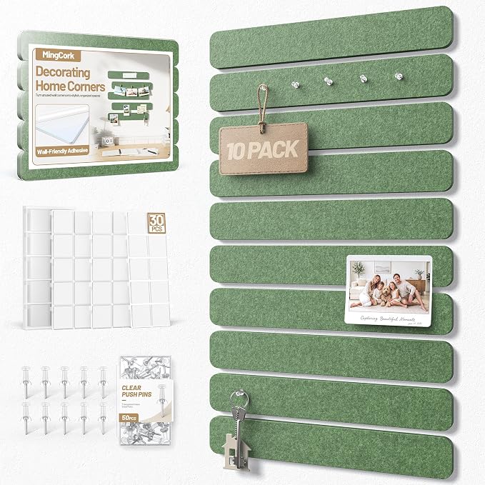 10 Pack 13"x2" Cork Board Strip with Removable Adhesive Squares & Push Pins | Pin Board Alternative Felt Strip Bulletin Board, Felt Board for Photo & Note Display, Home Office Decor - Moss Green
