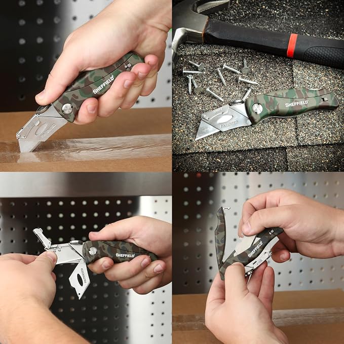 Sheffield 12131 Utility Knife & 5 Utility Knife Blade Storage Compartment | Utility Knife Accepts Standard Utility Blades For Home, Office, Trades, and Warehouse