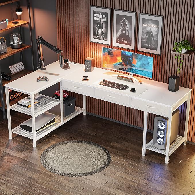 63 Inch L Shaped Office Desk with Power Outlets and Type-C Port, Large Computer Gaming Desk with 3 Fabric Drawers, Mesh Shelves, Corner Study Work Writing Desk, White