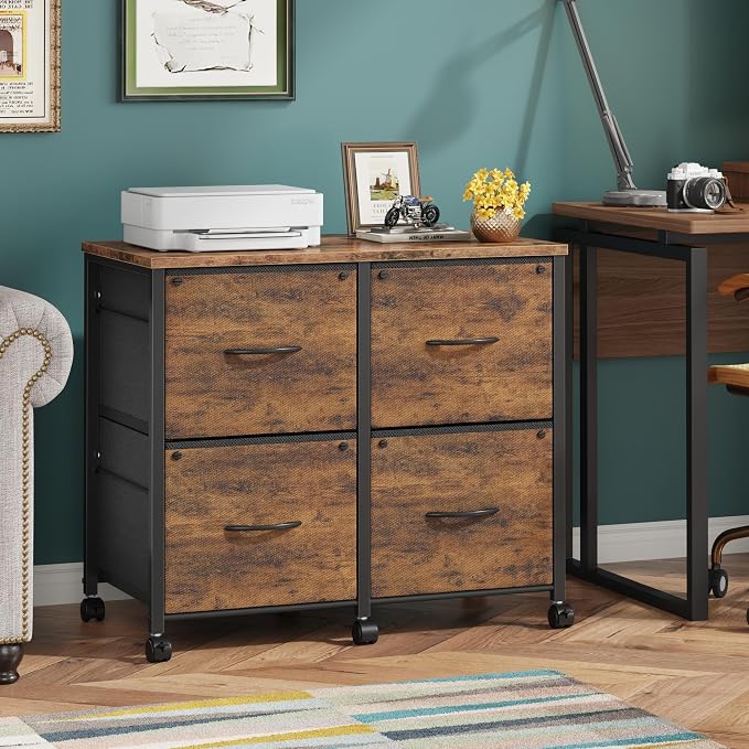 4 Drawer Mobile Lateral File Cabinet 30.5''W for Large Printer | Sturdy Metal Frame & Wood Top, Holds 100 Lbs, Casters, Fits Letter/A4 Size (No Legal), Fabric Drawer, Rustic Brown