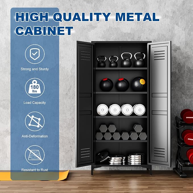 Fesbos Metal Storage Cabinet-61” Tall Steel File Cabinets with Doors and 4 Adjustable Shelves-Black Steel Storage Cabinet for Home,Kitchen, School, Office, Garage