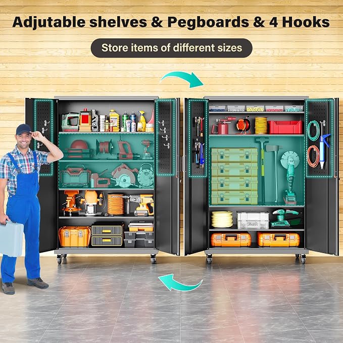 Wide & Deep Metal Storage Cabinet with Wheels,Tall Rolling Garage Storage Cabinet with Lock,Black Metal Cabinets with Shelves and Pegboards,Tool Locker for Garage,Home,Office,43''Wx 20''Dx71"H