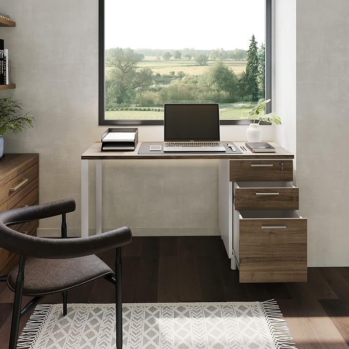 Modern Design Milano Office Desk with 3 Locking Drawers, 48 Inch White and Walnut Industrial Wood Desk with Filing Drawer and Storage, by Crafts and Comfort