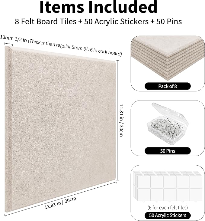 1/2'' Thick Cork-Bulletin Board Felt Wall Tiles Squares 12 x 12 in | 1700g/m² High Density Felt Pin Boards for Walls, Adhesive, Frameless, Modular, Renter Friendly, Removable, Light Color, 8Pcs