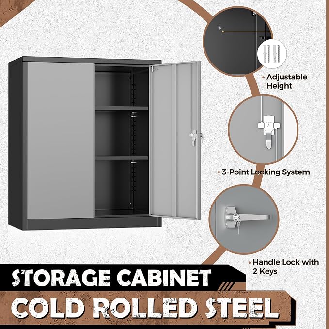 Metal Garage Storage Cabinet, 36" Locking Counter Cabinet with 2 Locking Doors and 2 Adjustable Shelves, Small Steel Cabinet for for Home Office, Gym, School(New Grey)