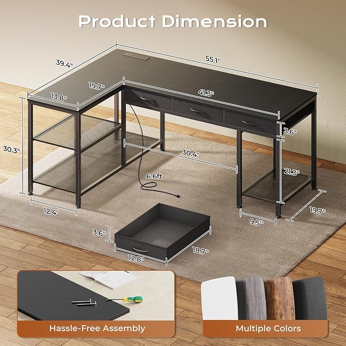 55 Inch L Shaped Office Desk with Power Outlets and Type-C Port, Large Computer Gaming Desk with 3 Fabric Drawers, Mesh Shelves, Corner Study Work Writing Desk, Black