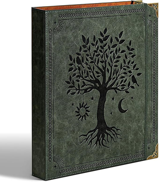Leather D Ring Binder Fits 8.5"x11" Letter Size Paper, 1.5 Inch D-Ring Binders Holds 400 Sheets, Notepad Paper Cover Loose Leaf Organizer with Inner Pockets, Green Tree