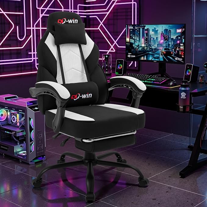 Gaming Chair for Adults with Footrest & Massage Lumbar Support, Ergonomic High Back Gamer Chair, Adjustable Swivel Computer Gaming Chairs with Headrest and Linkage Armrests,Black